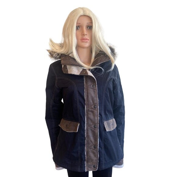 NWT Kuhl Arktik Waxed Jacket L Faux Fur Sherling Fleece Hooded Raven $349 Black - Picture 15 of 17